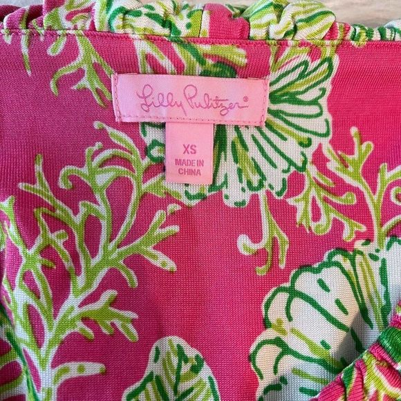 Lilly Pulitzer Clare Silk Blend Jersey Dress Ruffle Pink Green Floral Size XS - Picture 5 of 12